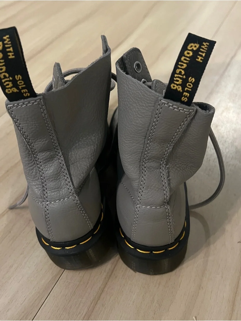 Women’s Doc Martens - Gray Leather Lace-Up Boots with Yellow Stitching - Picture 4 of 4